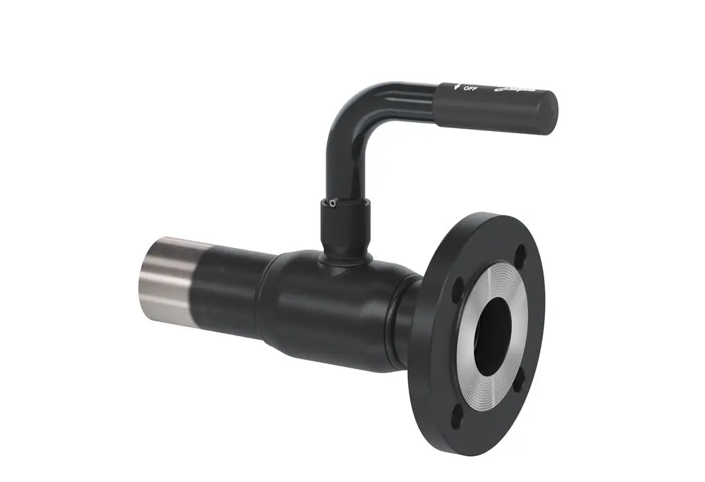 Kugelhahn mit schwarzer Oberfläche, drehbarem Handgriff und Flanschanschluss. Das Produkt gehört zur Marke Danfoss und eignet sich für verschiedene Rohrleitungen.